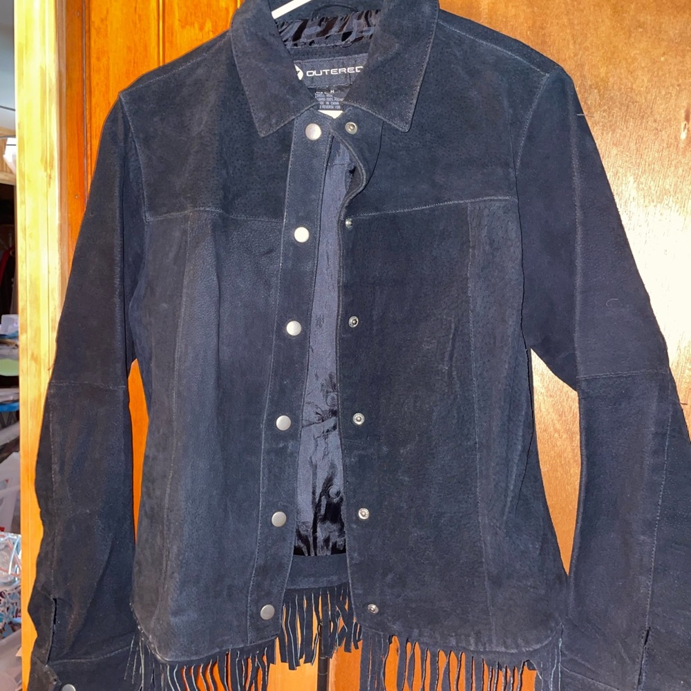 Outer Edge Black Suede Leather Fringe Jacket